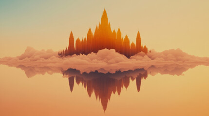 Poster - A majestic cityscape emerges from the clouds, with towering buildings reflecting on a serene lake. The warm tones of the sunset add a dreamy quality to this ethereal scene.