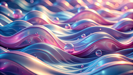 Poster - Curved waves in shades of pink and blue ripple gently, adorned with bubbles, evoking a serene, surreal atmosphere filled with vibrant colors