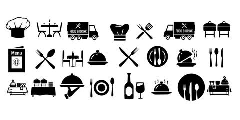 Catering icon set. FOOD CAR,WINE BOTTOL,Containing fork, spoon, knife, plate, cloche, tray, chef hat, beverage, food, dining table, and waiter, Cutlery or tableware in restaurant. Vector illustration