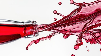 Poster - Red liquid splashes dramatically from a clear bottle against a white background highlighting fluid motion