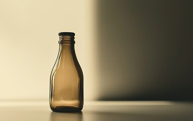 Poster - A single glass bottle stands on a flat surface, illuminated by soft light from one side, creating a minimalistic aesthetic