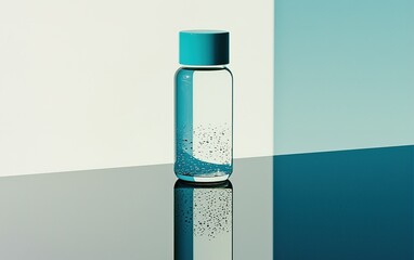 Poster - A clear glass bottle filled with bubbles, set against a minimalist backdrop of blue and white hues