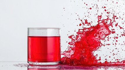 Poster - A glass of red liquid splashing on a reflective surface against a white background in bright lighting