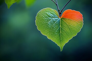 Heart shaped leaves on natural green blur background