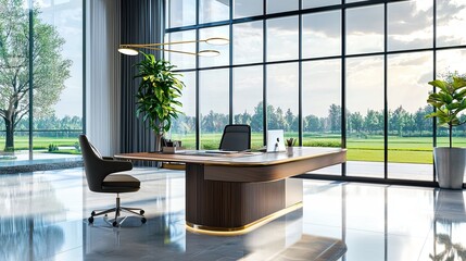 Poster - Corporate office with large glass windows, a spacious desk, and a professional atmosphere, perfect for meetings and work.