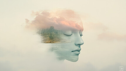 Poster - A dreamy double exposure image of a woman's face with a landscape overlay. The woman's closed eyes create a sense of peace and tranquility.