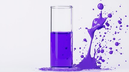 Poster - Vibrant purple liquid splashes from a glass in a bright, minimalist setting, showcasing dynamic motion and color contrast