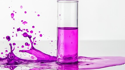 Poster - A vibrant purple liquid splashes from a glass on a reflective surface, creating dynamic shapes in a bright setting