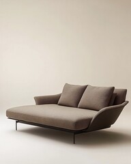 Modern brown chaise lounge with black legs and two pillows on a white background.