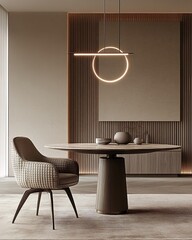 Modern dining room interior with round table, chair, and geometric pendant lamp.