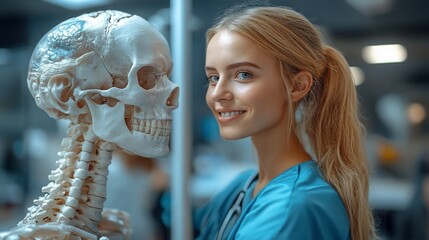 A young woman medical student smiles while standing next to a human skeleton in a medical laboratory.