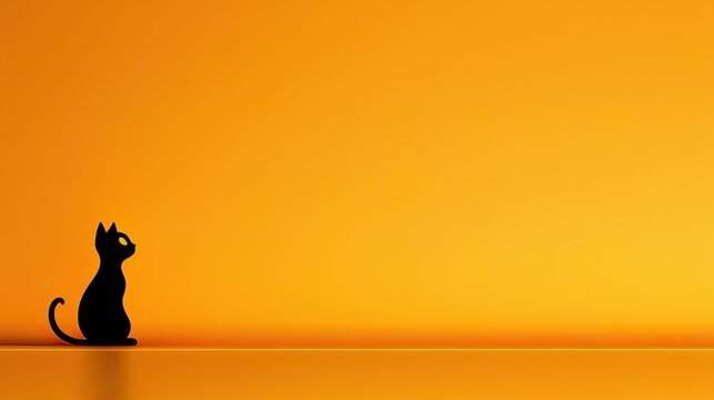 Minimalist Halloween scene with a spooky black cat silhouette sitting on a plain orange background, evoking a simple, eerie atmosphere