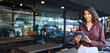 © Stock 4 You - Young adult female entrepreneur owner of coffee shop or bar restaurant using tablet pc application for work. Indian or latin hispanic woman holding digital computer for business. Banner, copy space
