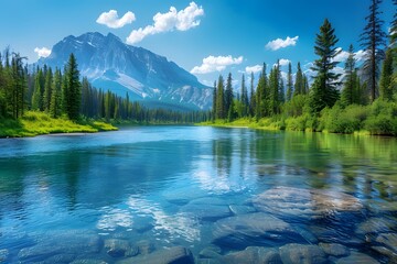 Wall Mural - Serene Mountain Landscape with Crystal Clear River and Lush Greenery