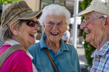 Sticker - Elderly couple walking in the city street, smiling and laughing