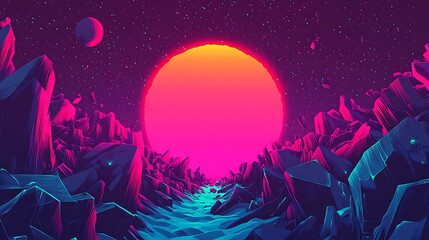 Poster - A vibrant, futuristic landscape with a large, glowing sun and rocky terrain.