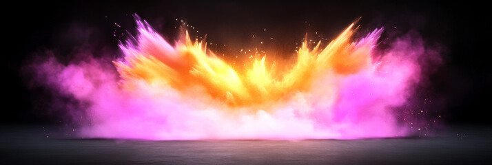 Poster - Abstract explosion of pink and yellow color powder with glowing sparks against a black background.