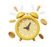 © N ON NE ON - 3d render Yellow clock icon with coins time money floating on isolated background. stock trading currency income retirement planning finance investment business concept. element illustration