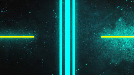 Poster - Abstract neon lines on a dark teal background.  Bright blue and yellow lines with a grunge texture.