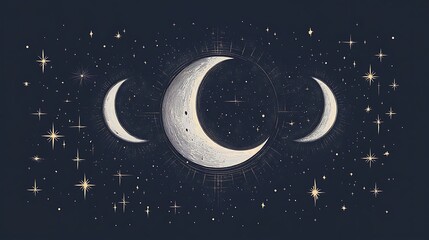Wall Mural - Three crescent moons and a full moon in the night sky with stars.