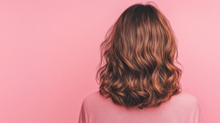 Canvas Print - Back view of a woman with long, wavy brown hair against a pink background.