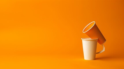 Aufkleber - Two coffee cups, one upside down atop the other, sit against a vibrant orange background, creating a playful and modern vibe. Generative AI