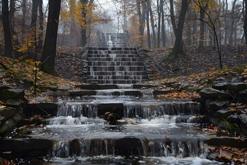 Wall Mural - Serene Waterfall Steps in a Tranquil Autumn Forest