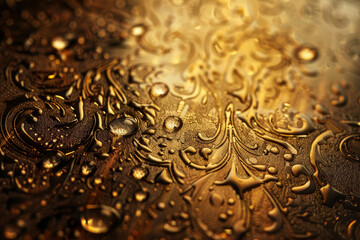 A gold leaf pattern with water droplets on it