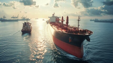 Large cargo ship navigates calm waters at sunset, tugboat assisting with maneuvering, vibrant reflections on surface, port cranes visible in background, industrial maritime activity.