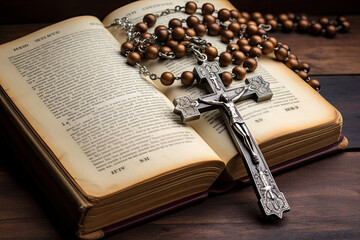 Vintage rosary with crucifix on an open Bible