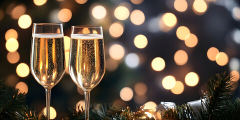 two glasses of champagne are on the table. new year atmosphere. festive atmosphere. champagne on chr