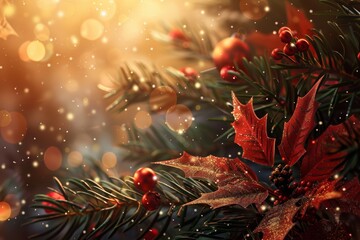 Wall Mural - festive holiday glow: christmas bokeh and pine branches