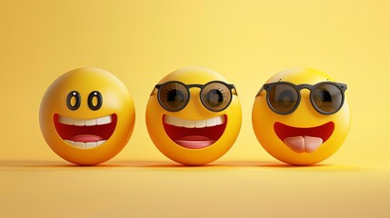 Poster - Three vibrant yellow emojis with different expressions and sunglasses create a fun atmosphere, celebrating happiness and playfulness. Generative AI