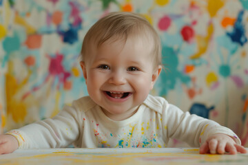 Smiling baby finger-painting on colourful background with copy space, happy childhood concept