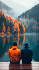 Poster - Two men sit side-by-side on a wooden dock overlooking a misty lake with a forest in the background.