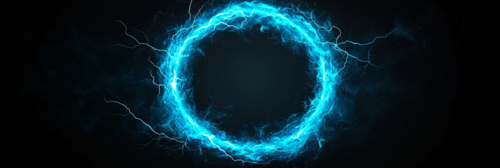 Poster - Abstract circular electric energy in blue and white, against a dark background.