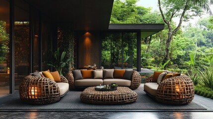 Modern outdoor patio furniture set with wicker chairs and a coffee table on a tiled patio.