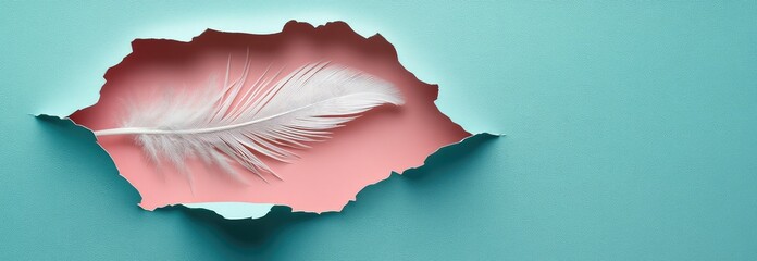 Poster - Close-Up of a Hole in Wall with White Feather, Paper Cutout Style, Pastel Pink and Teal Colors, Minimalistic with Negative Space and Copy Space on the Right