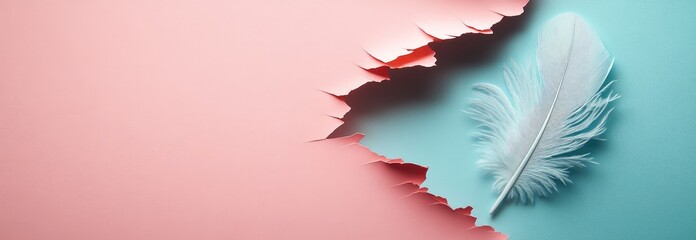 Poster - Close-Up of a Hole in Wall with White Feather, Paper Cutout Style, Pastel Pink and Teal Colors, Minimalistic with Negative Space and Copy Space on the Right