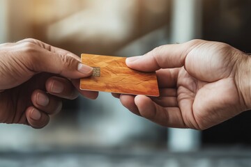 Passing a bank card from hand to hand against a blurred city background. Payment by bank, credit card. fast payment system and online banking.