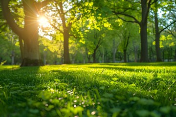 Wall Mural - Serene Sunlit Park Scene with Lush Green Grass and Trees