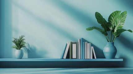 Aufkleber -  Minimalistic Composition of Books on Light Blue Background with Ample Copy Space, Modern Interior Design Elements, and Blue Bookshelf for Back-to-School Concept