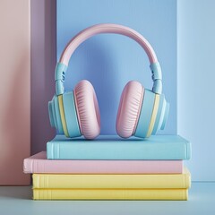 Poster - modern pastel-colored headphones on stack of colorful books against minimalistic background with amp