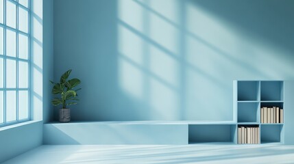 Aufkleber -  Minimalistic Composition of Books on Light Blue Background with Ample Copy Space, Modern Interior Design Elements, and Blue Bookshelf for Back-to-School Concept