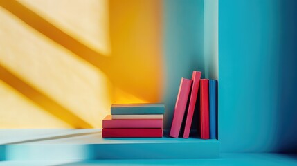 Aufkleber -  Minimalistic Composition of Books on Light Blue Background with Ample Copy Space, Modern Interior Design Elements, and Blue Bookshelf for Back-to-School Concept