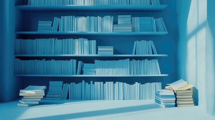 Aufkleber -  Minimalistic Composition of Books on Light Blue Background with Ample Copy Space, Modern Interior Design Elements, and Blue Bookshelf for Back-to-School Concept