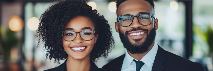 Sticker - Smiling African American man and woman in business attire look directly at the camera.