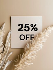 black '25% off' promotional sign on a beige background