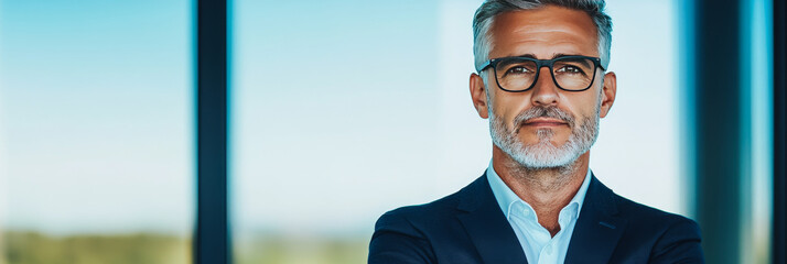 Wall Mural - Confident businessman in a suit and glasses, standing in front of a window.