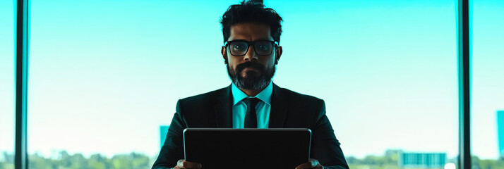 Poster - A young man in a suit and glasses sits in front of a window, looking intensely at a tablet.